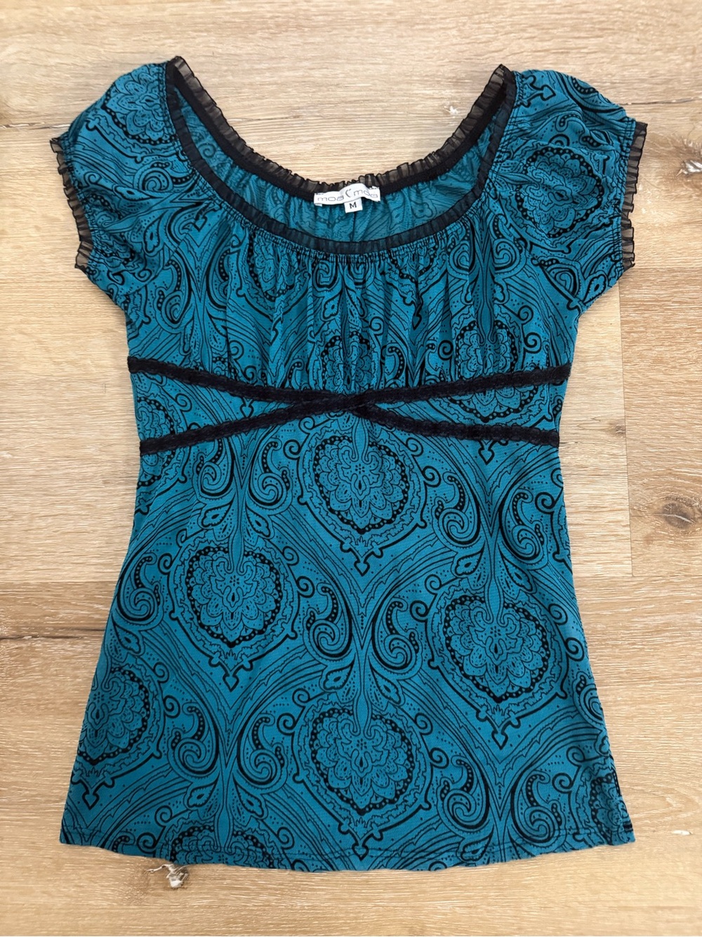 Y2K Moa Moa Paisley Scoop-Neck Cap Sleeve sheer Top